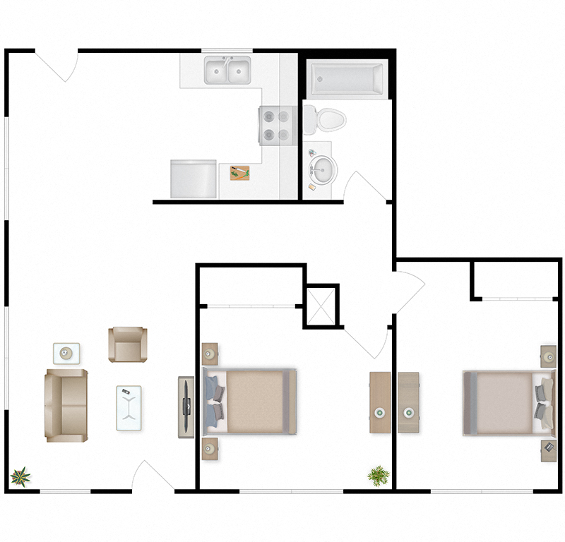 Floor plan for 2 beds, 1 bath, 650 sqft